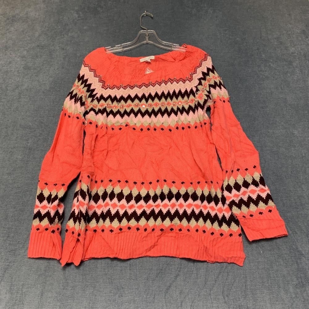 New York & Company Sweater Womens Large Orange Aztec Print Acrylic Round Neck